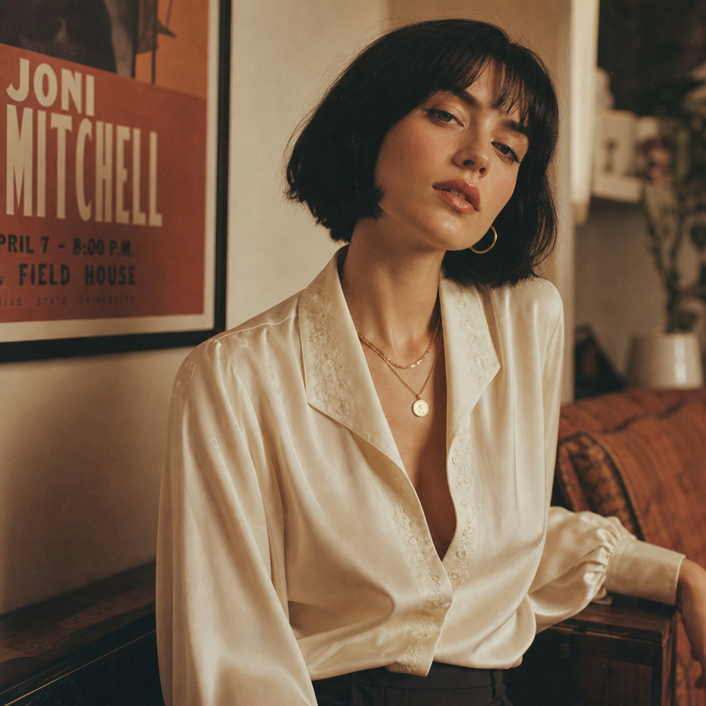 Cinematic portrait of a woman with short black bob wearing a vintage silk blouse