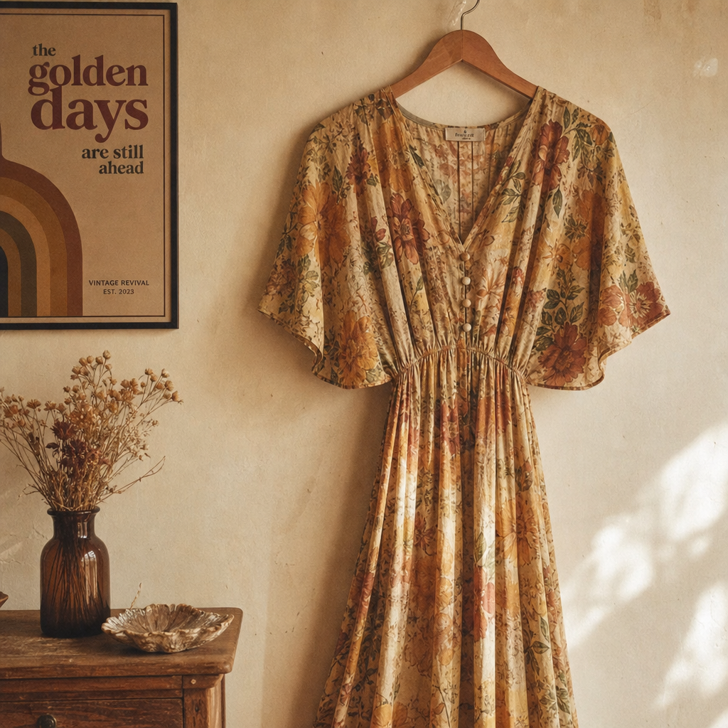 Flowy retro dress with muted ochre floral print and soft drape, displayed on a wooden hanger against a warm cream wall