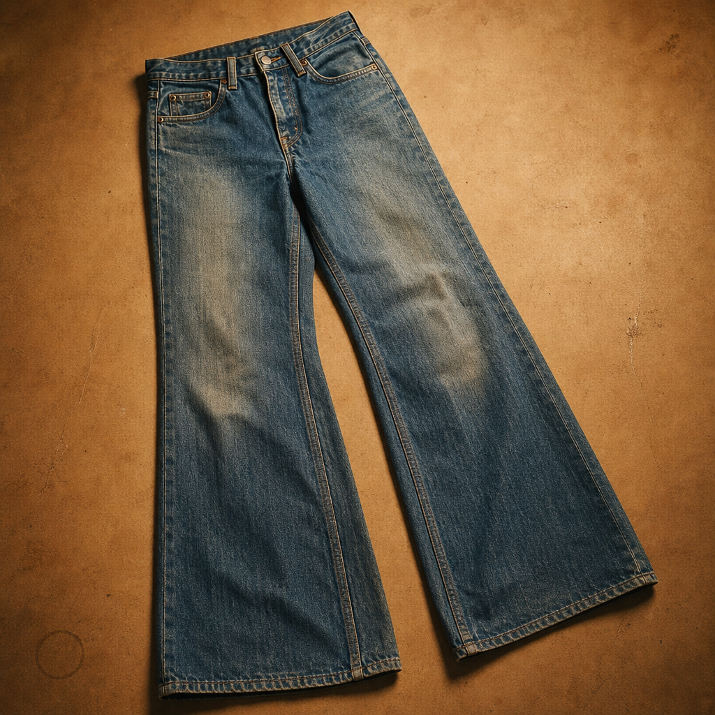 Faded indigo 1970s high-rise denim jeans with a wide-leg silhouette and worn-in texture, laid on a warm studio surface