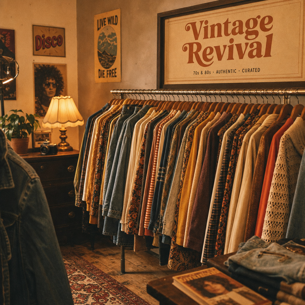 Warmly lit vintage boutique interior with 70s and 80s garments hanging on a rack, textured fabrics in ochre and rust tones, and a soft film-grain mood