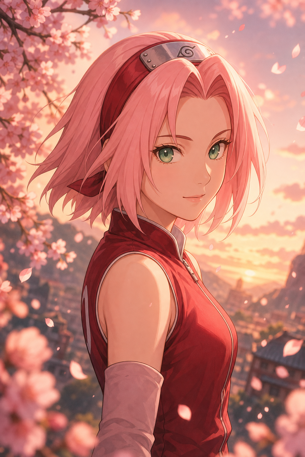 Sakura-inspired anime tribute portrait with soft petals and warm evening light