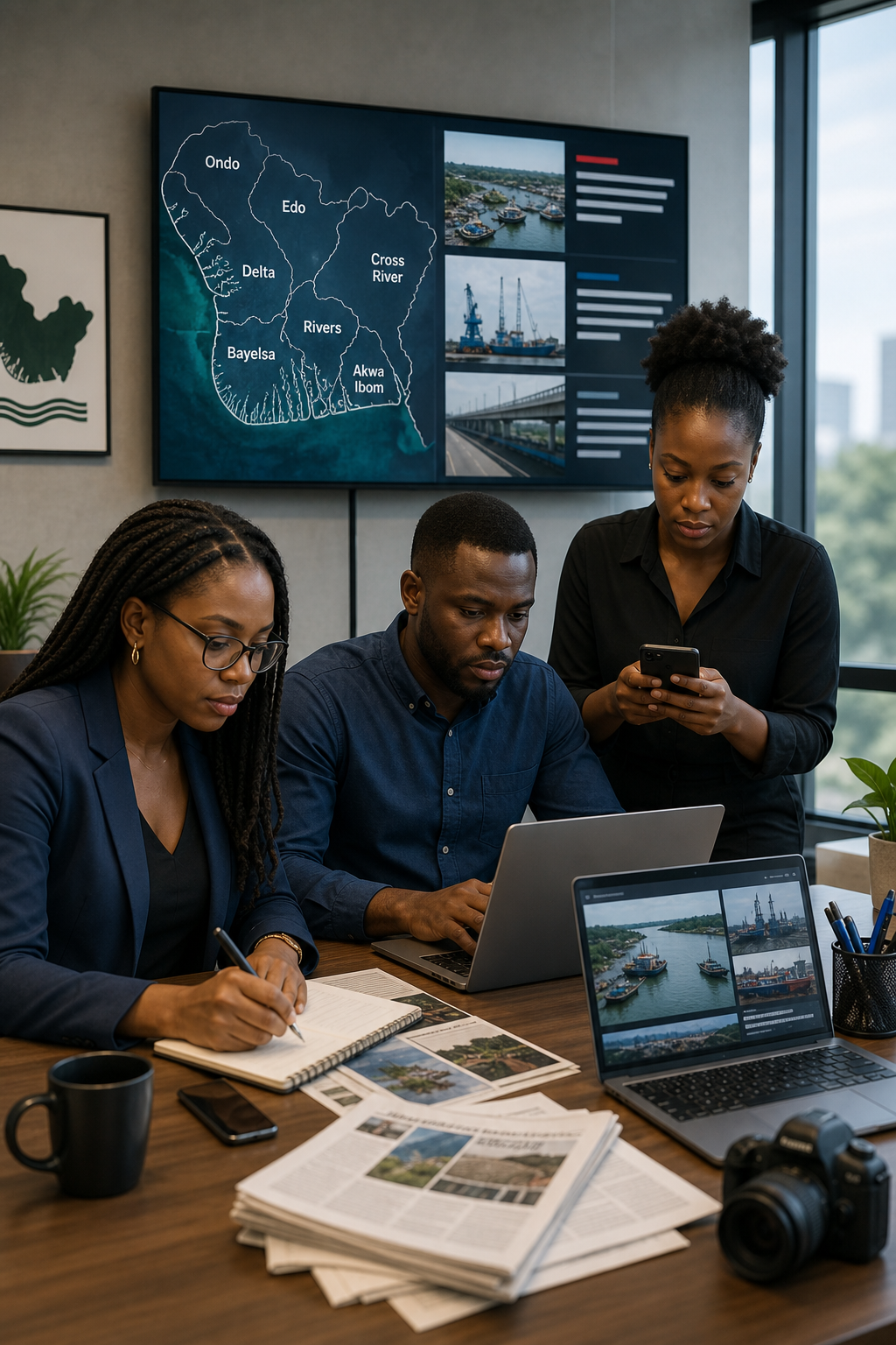 Editorial-style newsroom illustration showing journalists reviewing local reports, maps, and digital updates connected to the Niger Delta region
