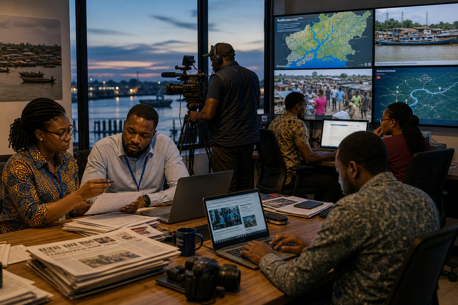Regional newsroom scene near a Niger Delta waterfront with journalists reviewing field notes and camera crews preparing a breaking-news segment at dusk