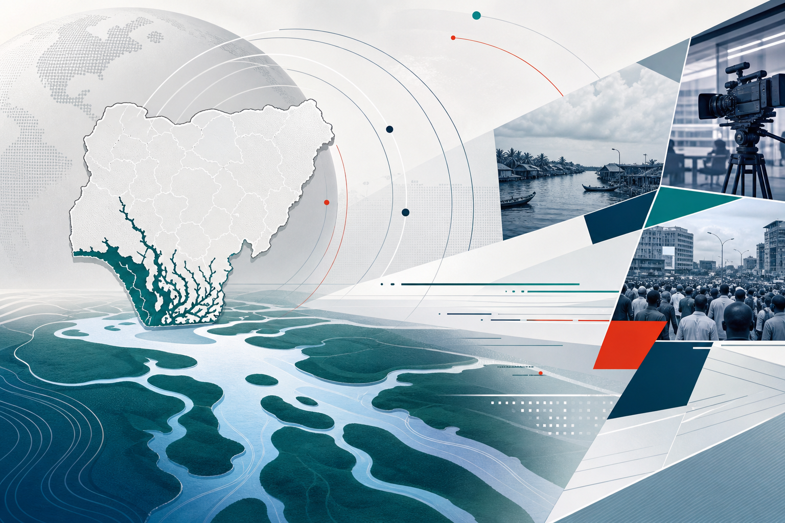 Editorial-style regional news illustration with abstract Niger Delta map contours, signal lines, and a broadcast newsroom motif