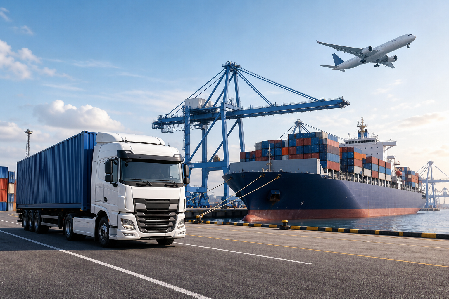 Modern port logistics scene with a freight truck in the foreground, a container vessel at the dock, and a cargo aircraft in the distant sky