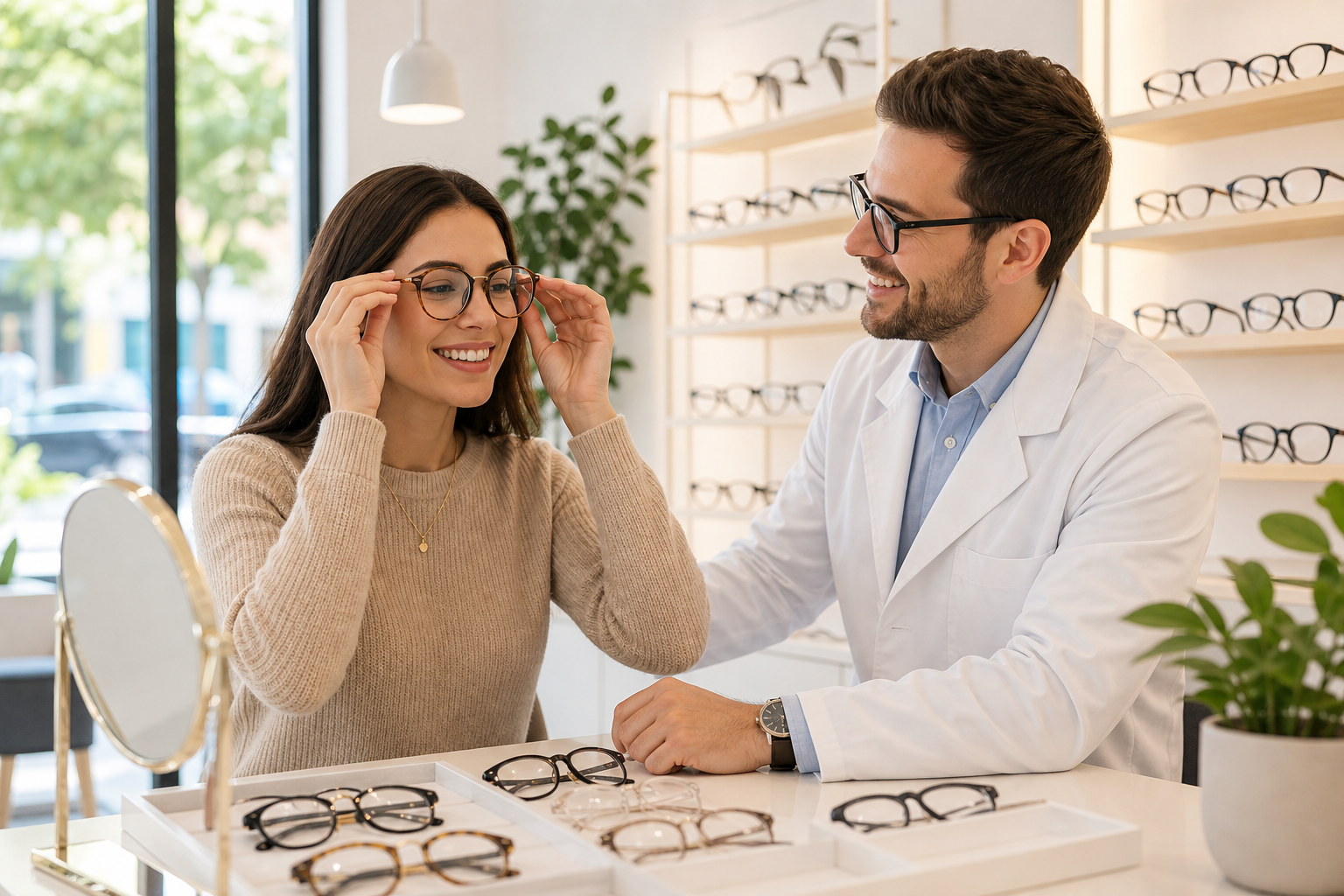 Friendly optician helping a customer try on stylish eyeglass frames in a bright local shop