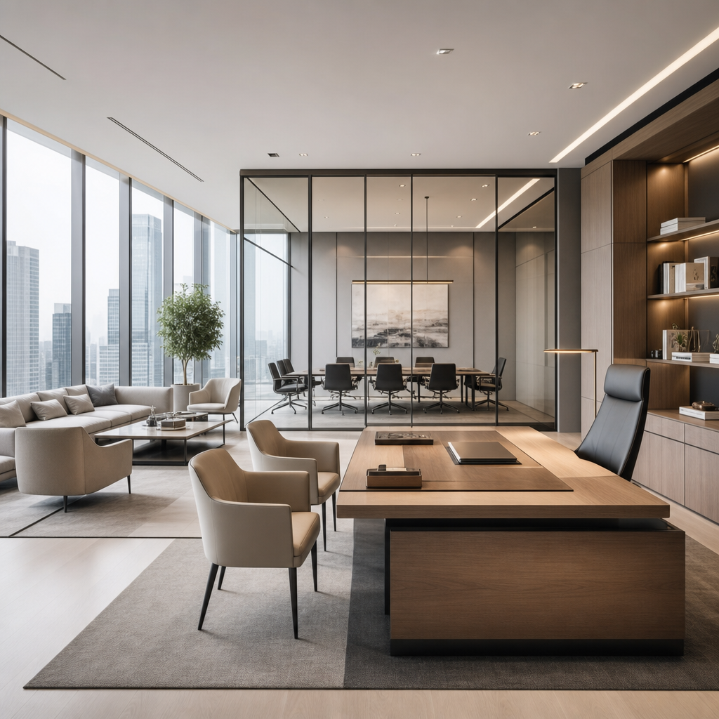 A refined corporate atrium with dark stone, brass accents, and soft natural light