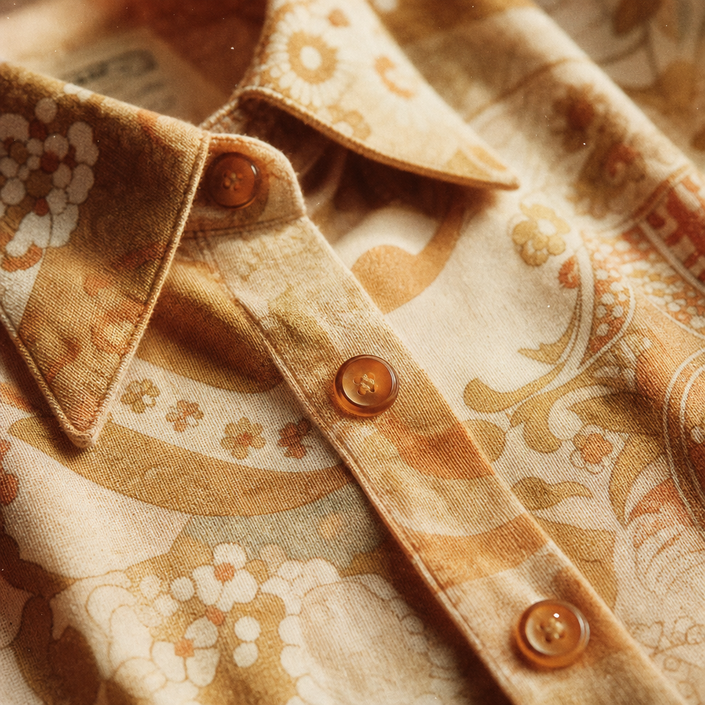 Close-up film photo of vintage patterned blouse buttons and soft knit texture in amber tones