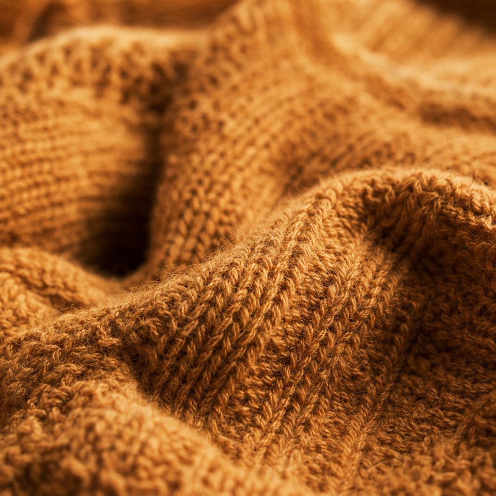 Close-up detail image of a vintage caramel knit texture with soft lighting and visible stitching