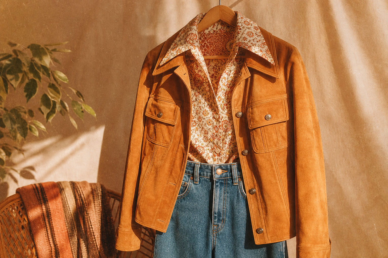 Sun-faded film photo of a 1970s-inspired outfit featuring a tan suede jacket, high-waisted denim, and warm sunset lighting
