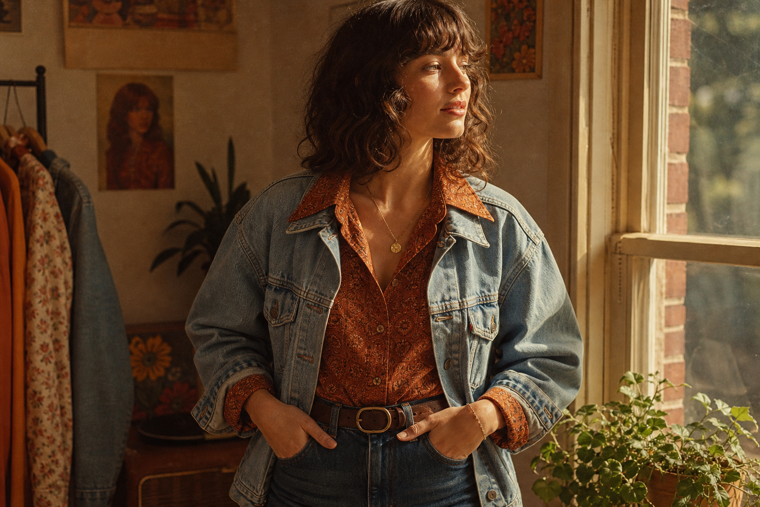 Lookbook-style image of a woman in a rust-toned 70s blouse layered with an 80s denim jacket, standing in warm window light with a film grain feel