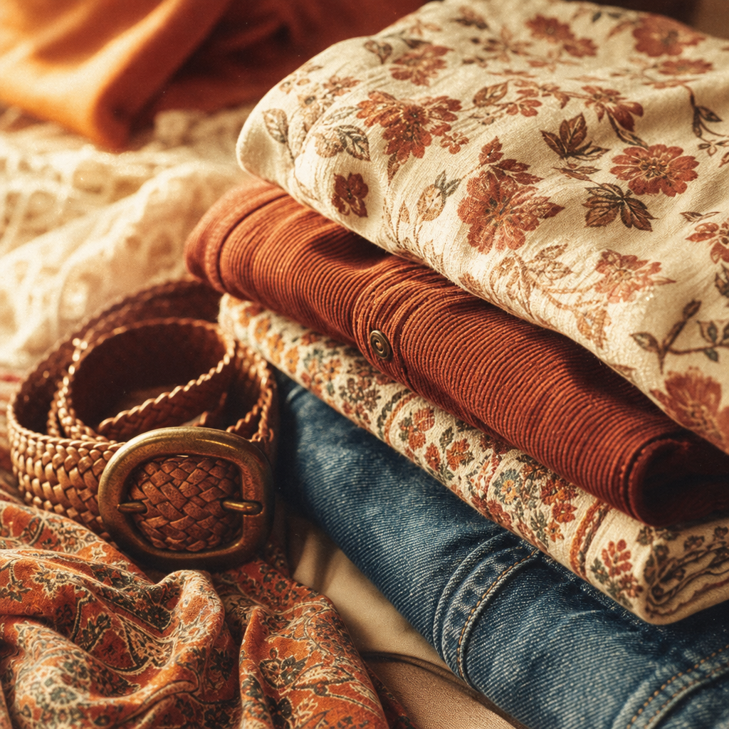 Warm grainy film shot of folded retro fabrics and a woven belt in muted terracotta and cream