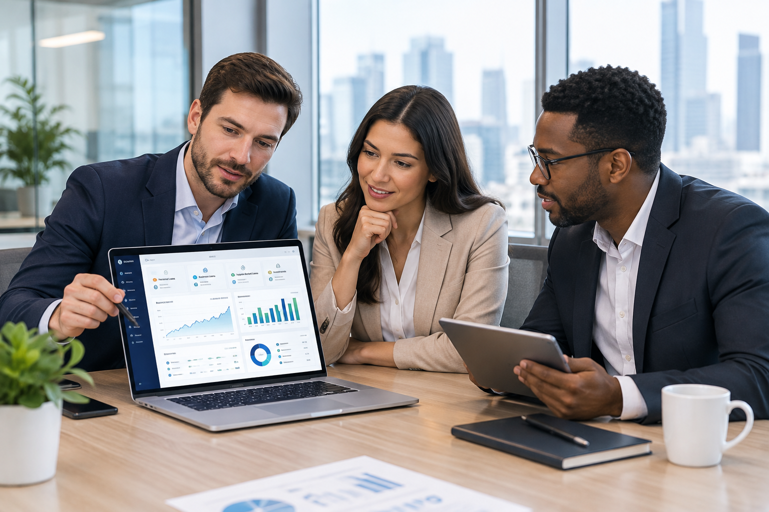 Professional finance team reviewing a digital lending and investment dashboard in a modern office