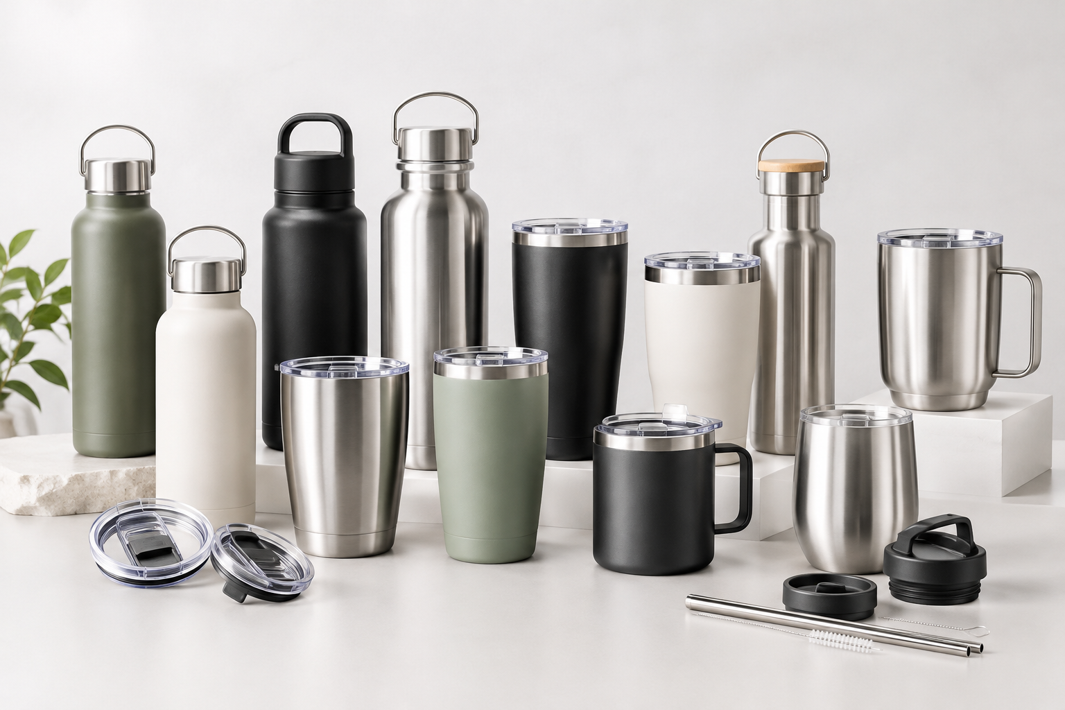 Neatly arranged premium stainless steel drinkware and accessories, highlighting material quality, construction details, and finish consistency
