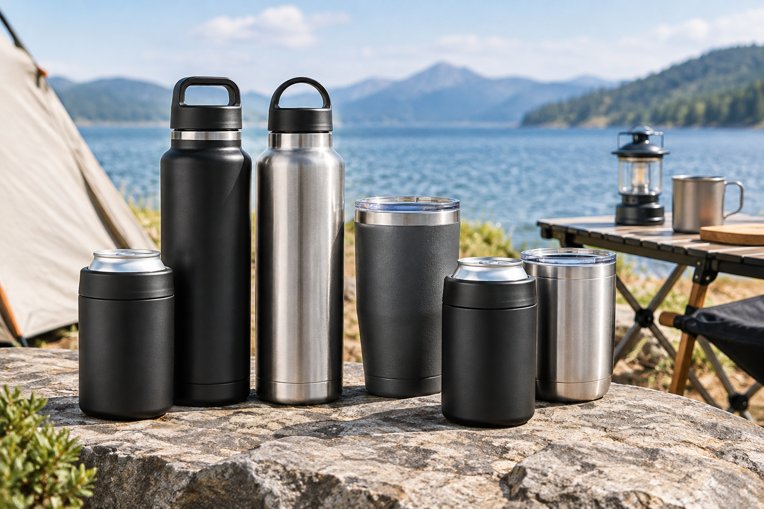 Insulated bottle and can coolers in black and steel finishes arranged beside a compact camping setup