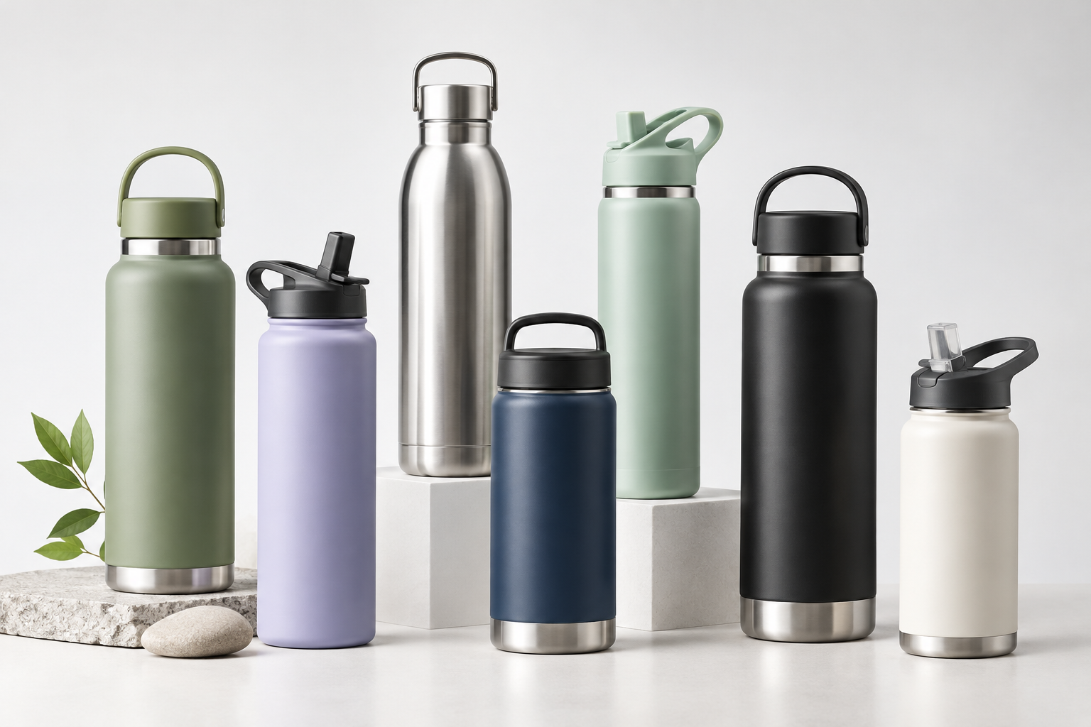 Studio product photo of premium stainless steel bottles in different sizes with carry handles and sport lids on a clean neutral backdrop