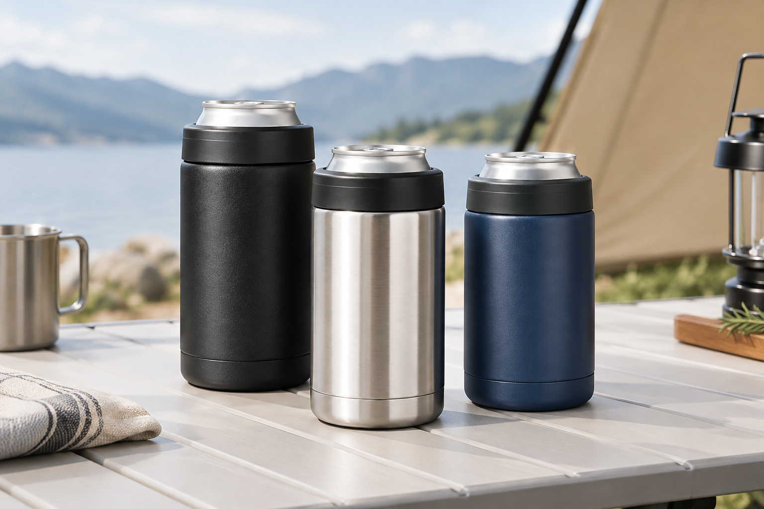 Matte black and steel bottle and can coolers arranged on a clean outdoor table