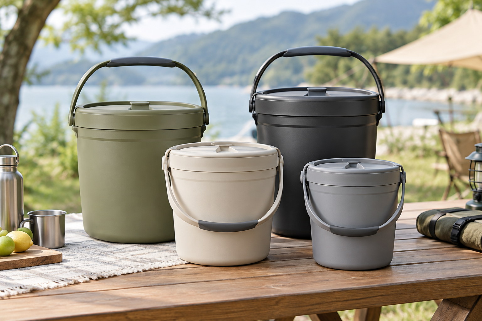 Durable carry bucket set in matte neutral colors on a clean outdoor picnic table with soft natural light