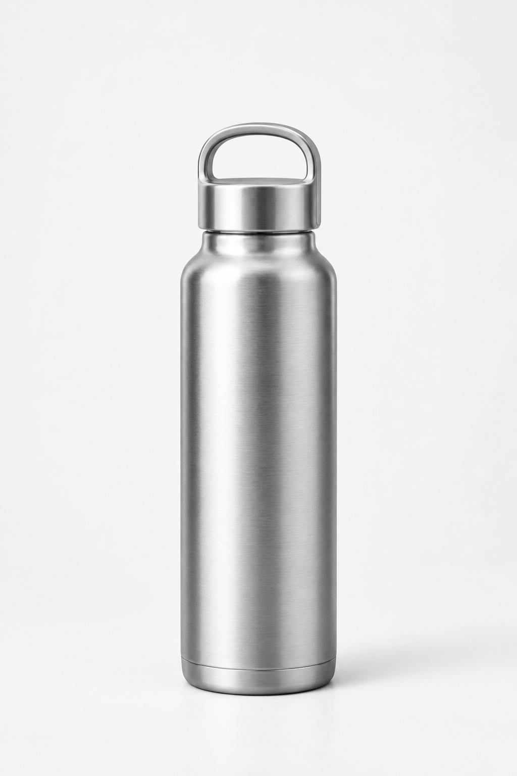 Brushed stainless steel insulated carry-handle bottle with a matte silver body and loop top handle, studio product photo on a bright neutral background