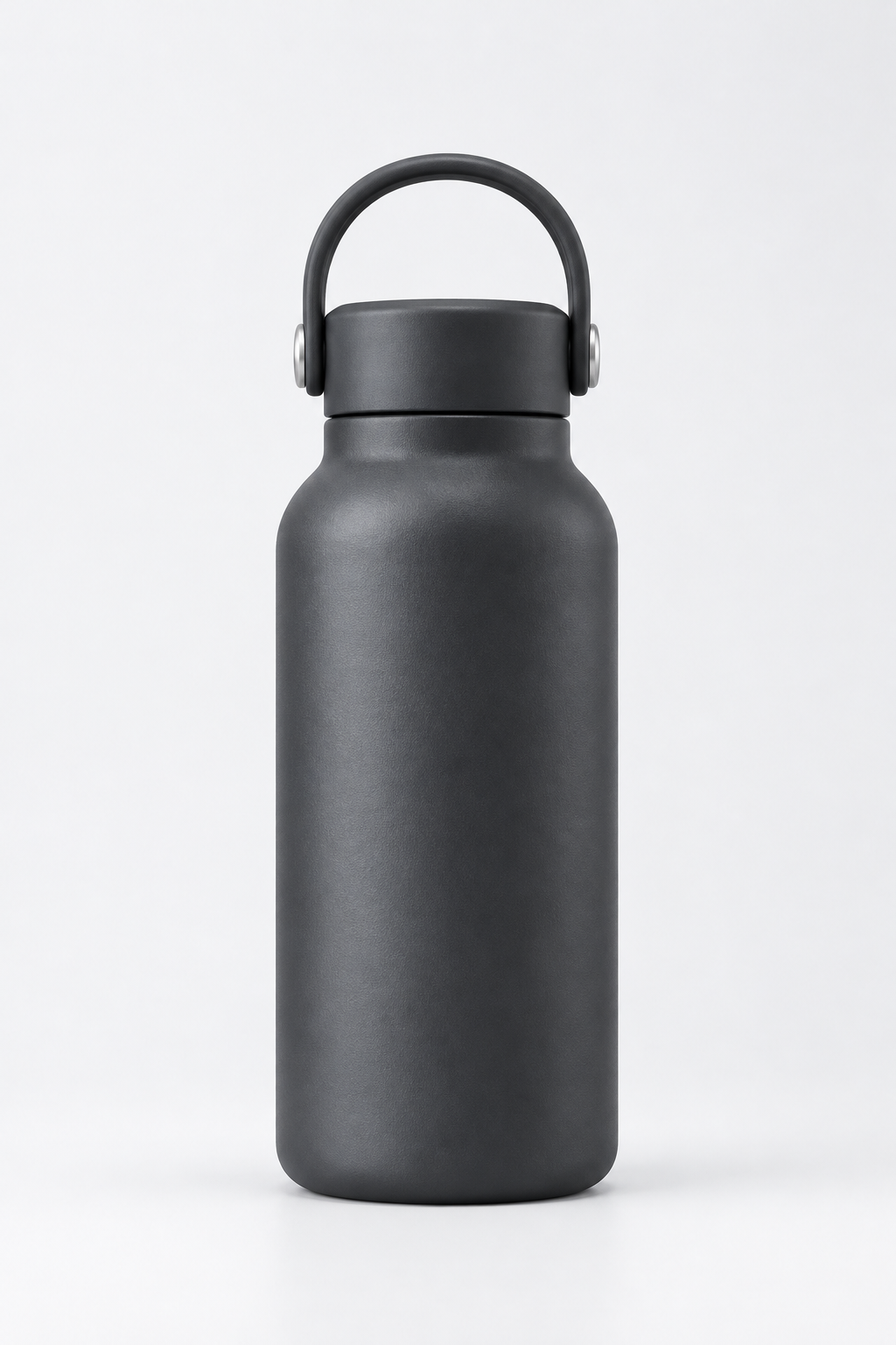 Compact powder-coated insulated carry-handle bottle in deep charcoal with integrated arched handle, clean catalog photo on a neutral white background