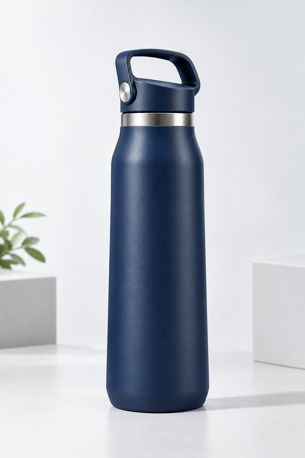 Tall vacuum flask style carry-handle bottle with satin navy finish and robust molded handle, premium product photograph with soft studio lighting