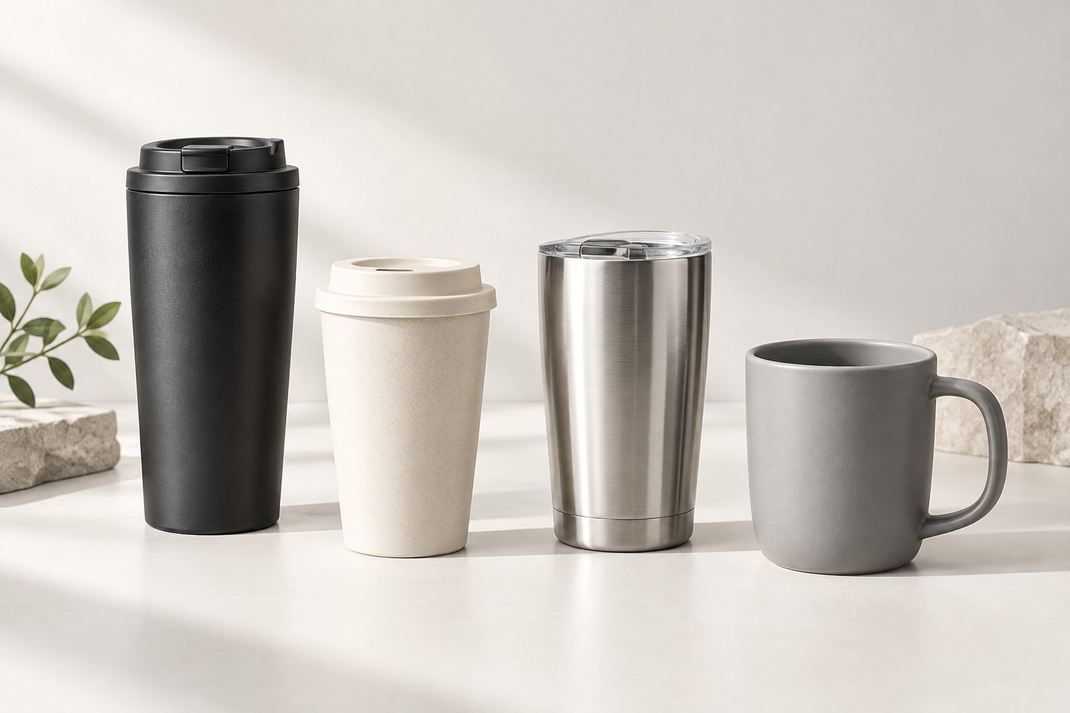 Modern composition of premium coffee cups in different sizes and lid styles on a clean studio surface