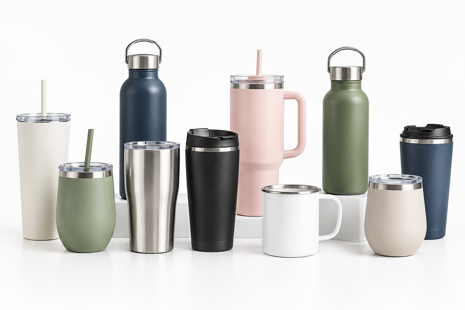 Clean tabletop studio shot of reusable cups including straw cups coffee cups and travel cups with matte finishes