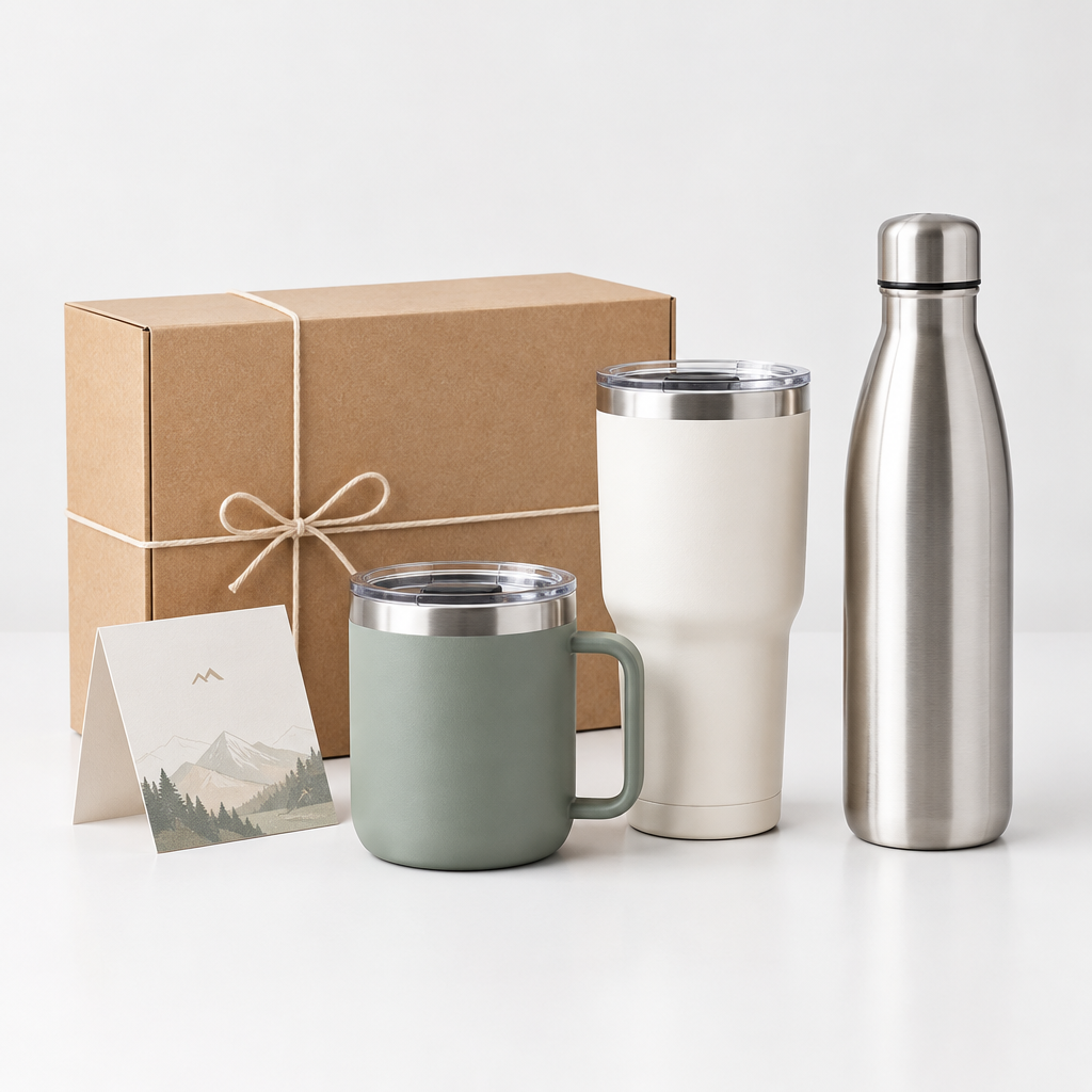 Everyday cup set styled with boxed retail packaging and simple promotional accessories