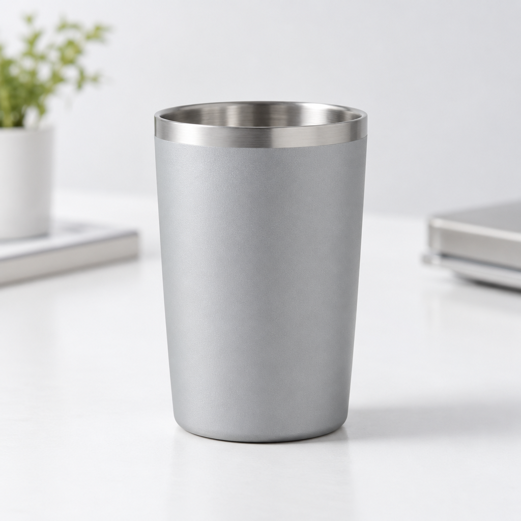 Close-up of a matte stainless steel cup showing a smooth sidewall for branding