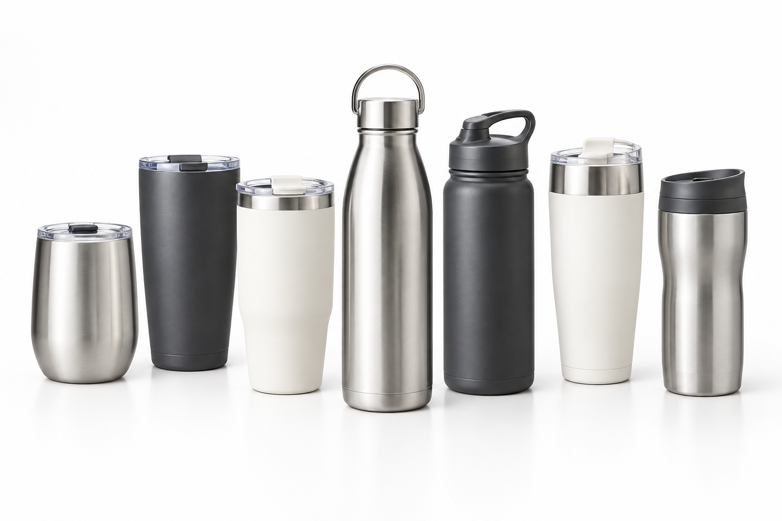 Seven stainless steel everyday cups in coordinated neutral finishes arranged on a clean white studio surface
