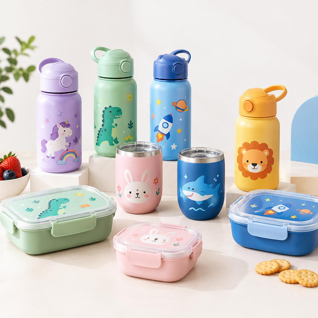 Everyday kids drinkware lineup with lunch-friendly bottles, snack containers, and mini tumblers in coordinated colors