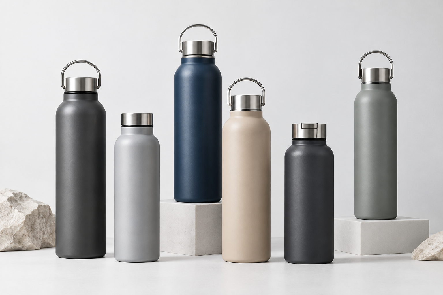 Premium stainless steel flask bottles in multiple heights and muted matte finishes arranged in a clean studio setting