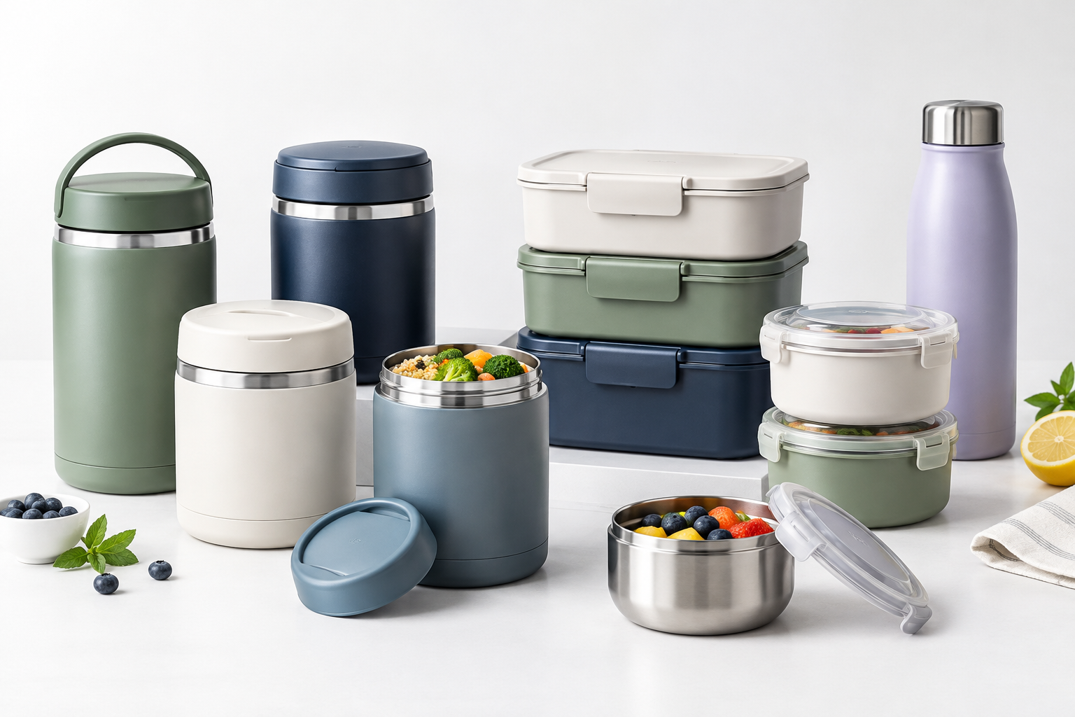 Organized set of insulated food jars and stackable food containers with secure lids displayed in minimal white studio lighting