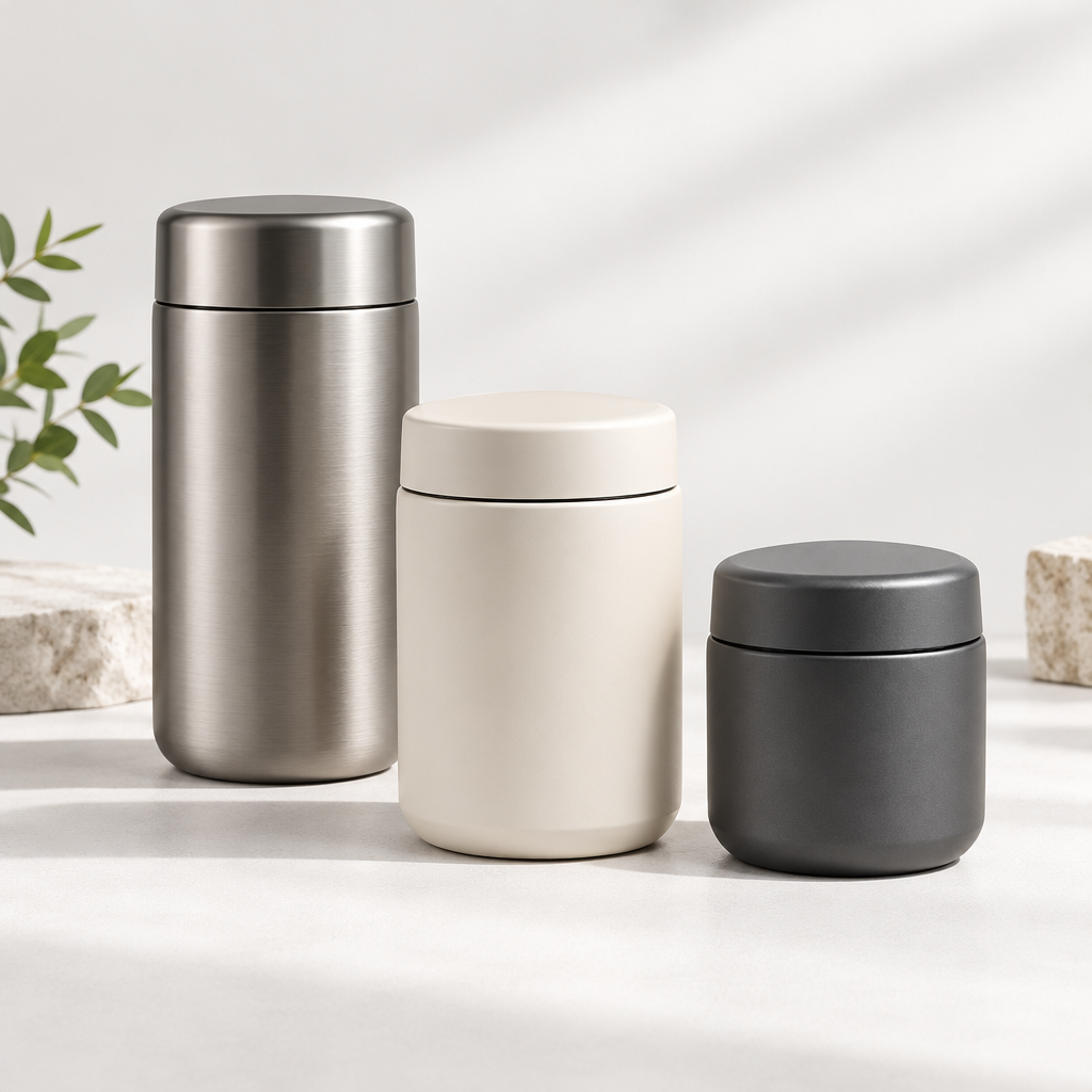 Premium still life of three insulated food jars in different sizes with clean soft shadows
