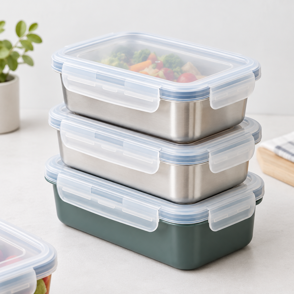 Close-up of nested rectangular food boxes with frosted locking lids and silicone seal details