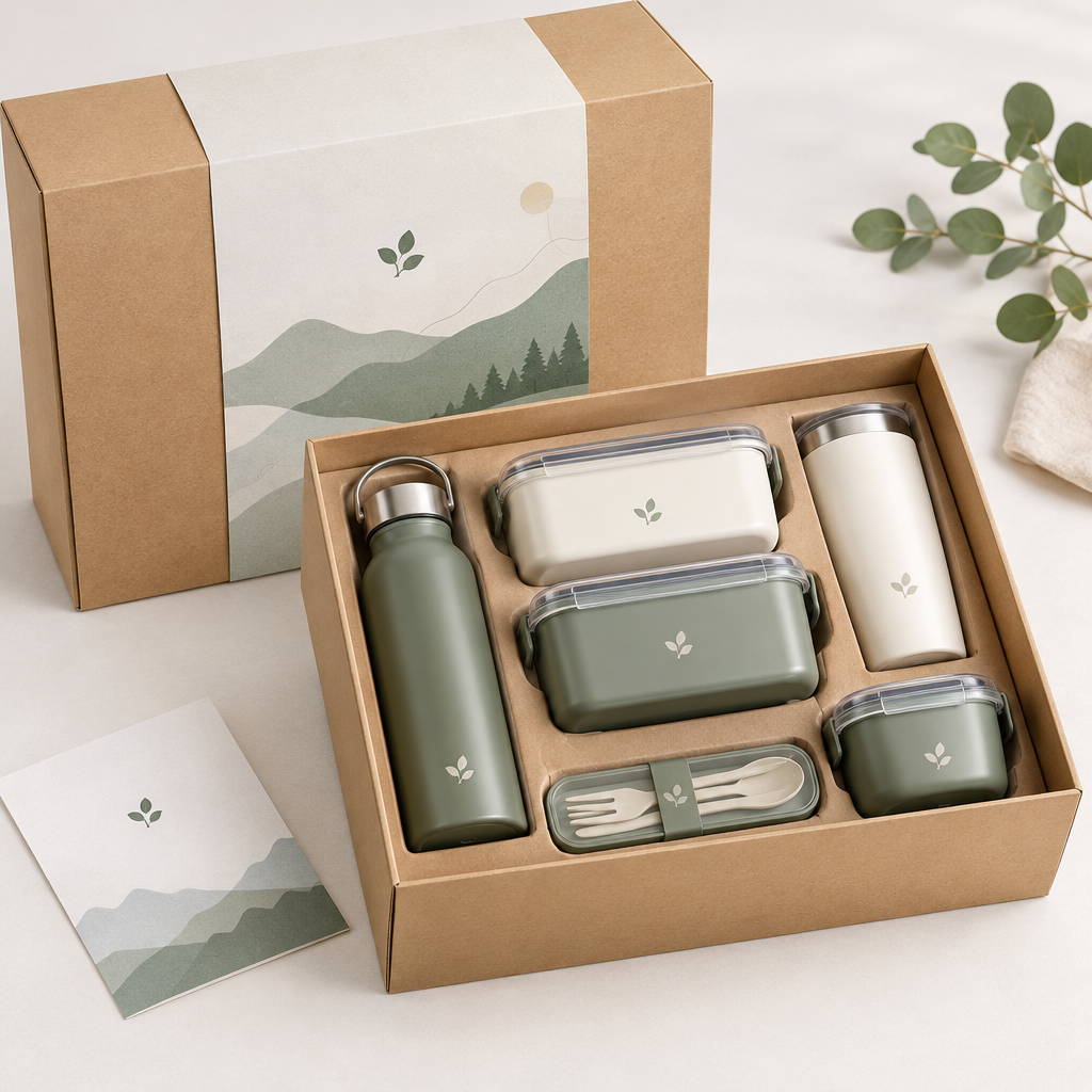 Gift-ready multi-piece lunch container set packed in a minimal kraft retail box with custom sleeve