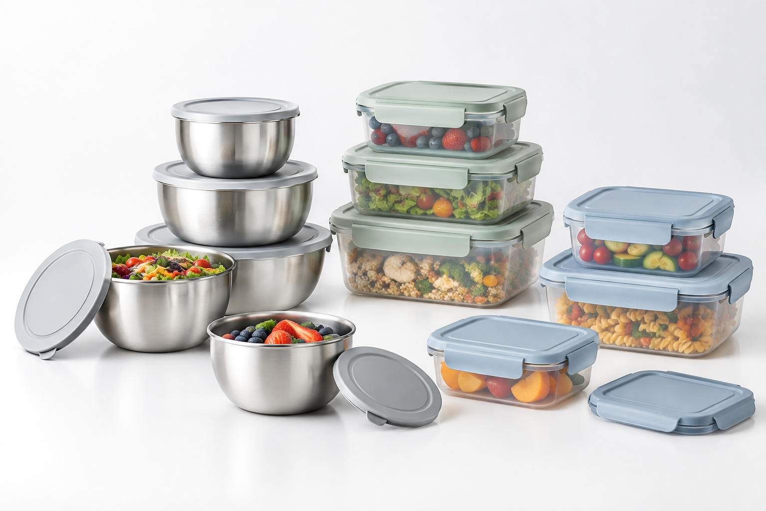 Coordinated stainless steel and BPA-free food container set arranged with matching lids on a clean studio table