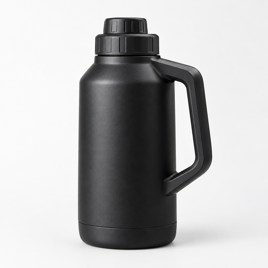 Matte black large-capacity jug with a broad side handle and leak-resistant lid shown in angled profile