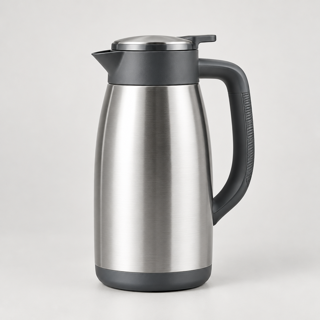 Brushed stainless steel handled jug with a robust grip and compact base shown against a light neutral backdrop