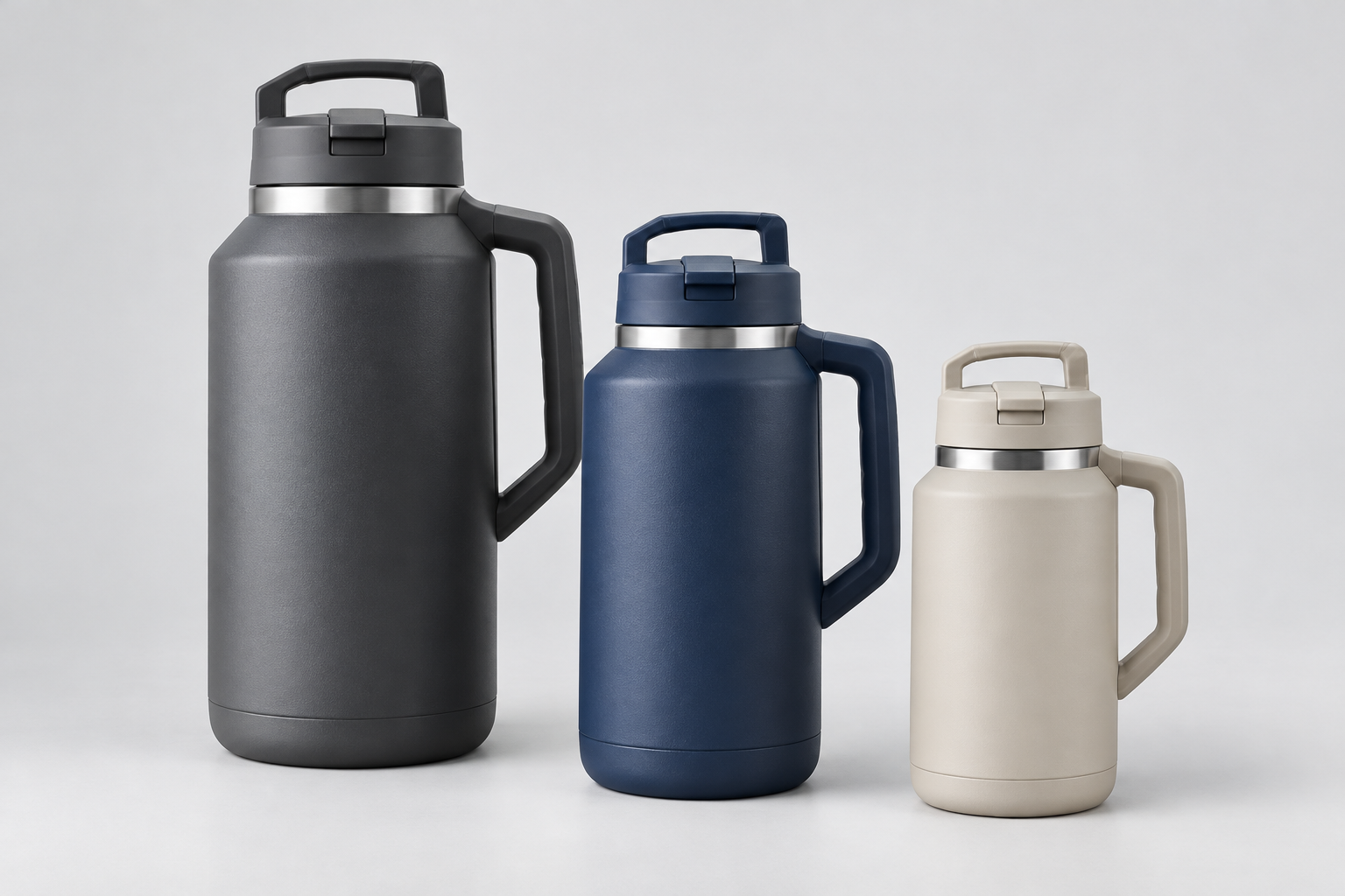 Three insulated handled jugs in different capacities arranged on a clean studio background, highlighting sturdy side handles and wide-body profiles