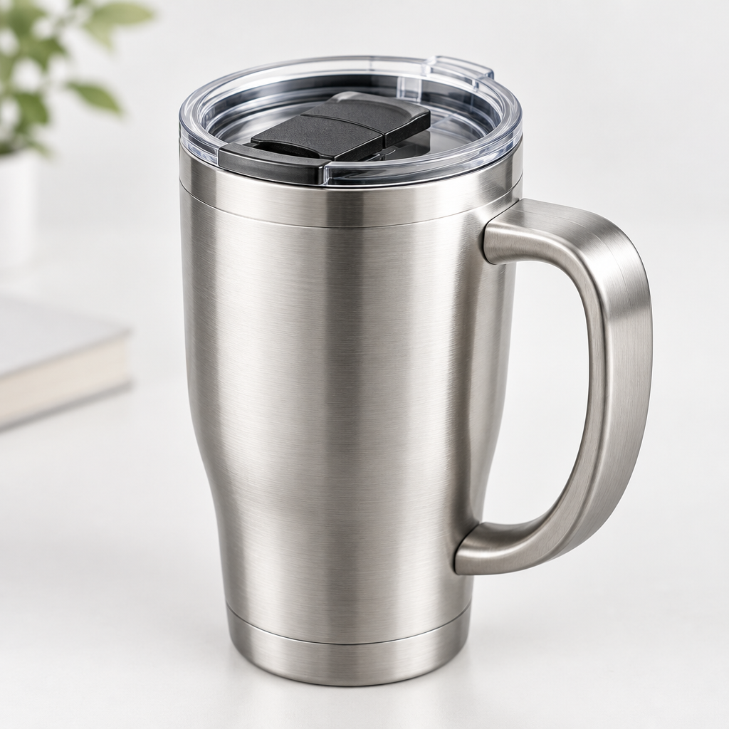 Close-up angle showing ergonomic handle contour, lid detail, and brushed metal texture on a handled tumbler