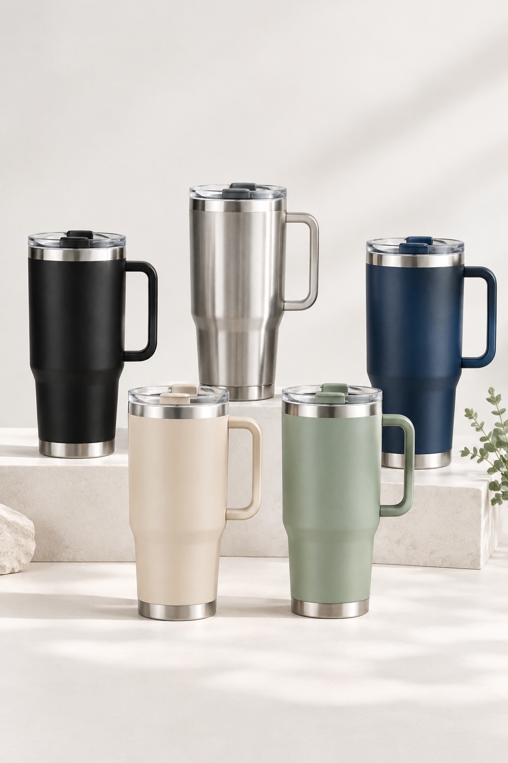 Studio product photo of premium stainless steel handled tumblers arranged in a clean lineup with soft shadows