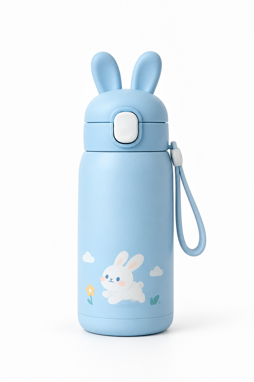 Pastel sky-blue stainless kids bottle with a rounded rabbit-ear flip cap and silicone carry strap, studio product photo
