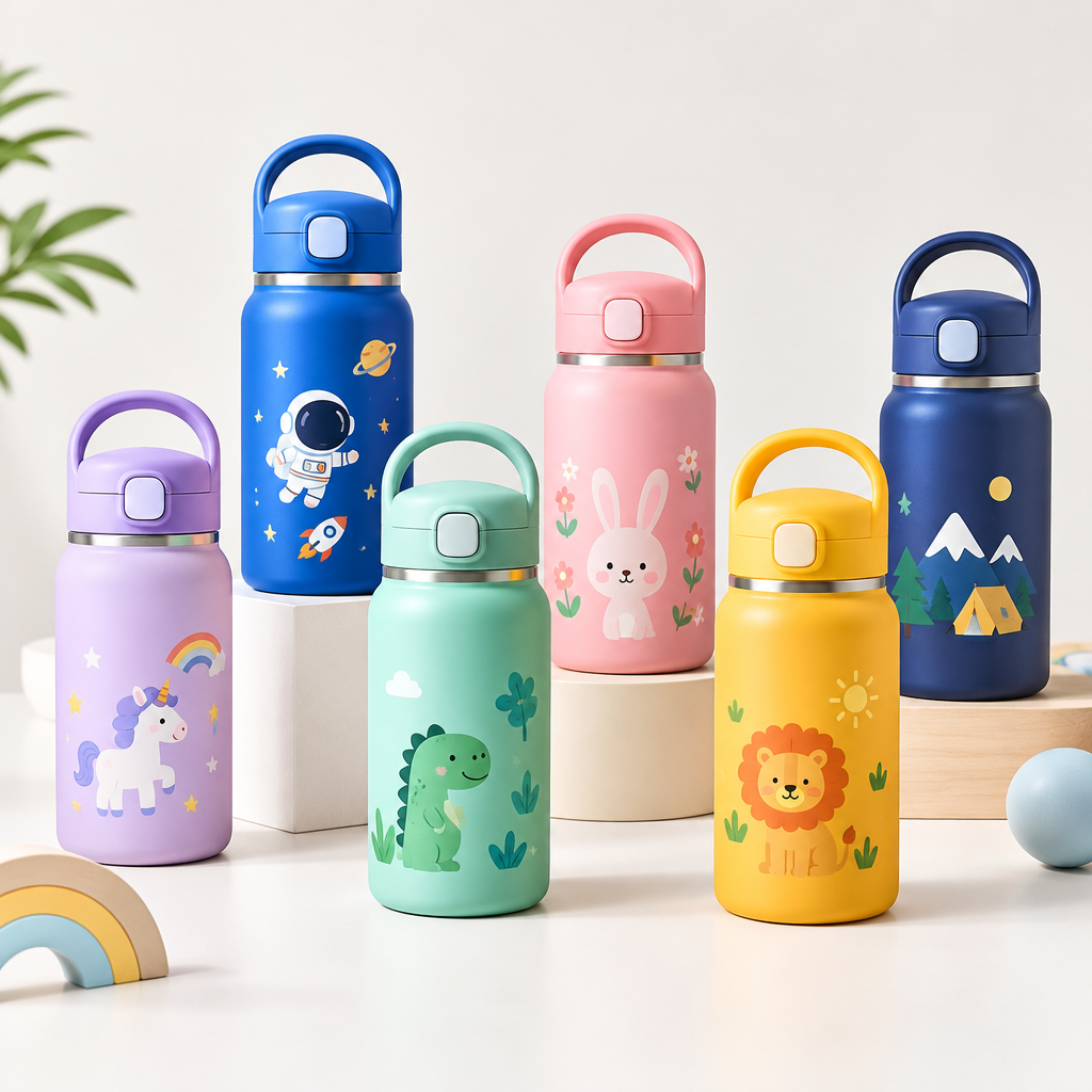 Colorful insulated kids bottles with rounded handles and soft matte finishes arranged on a clean studio background