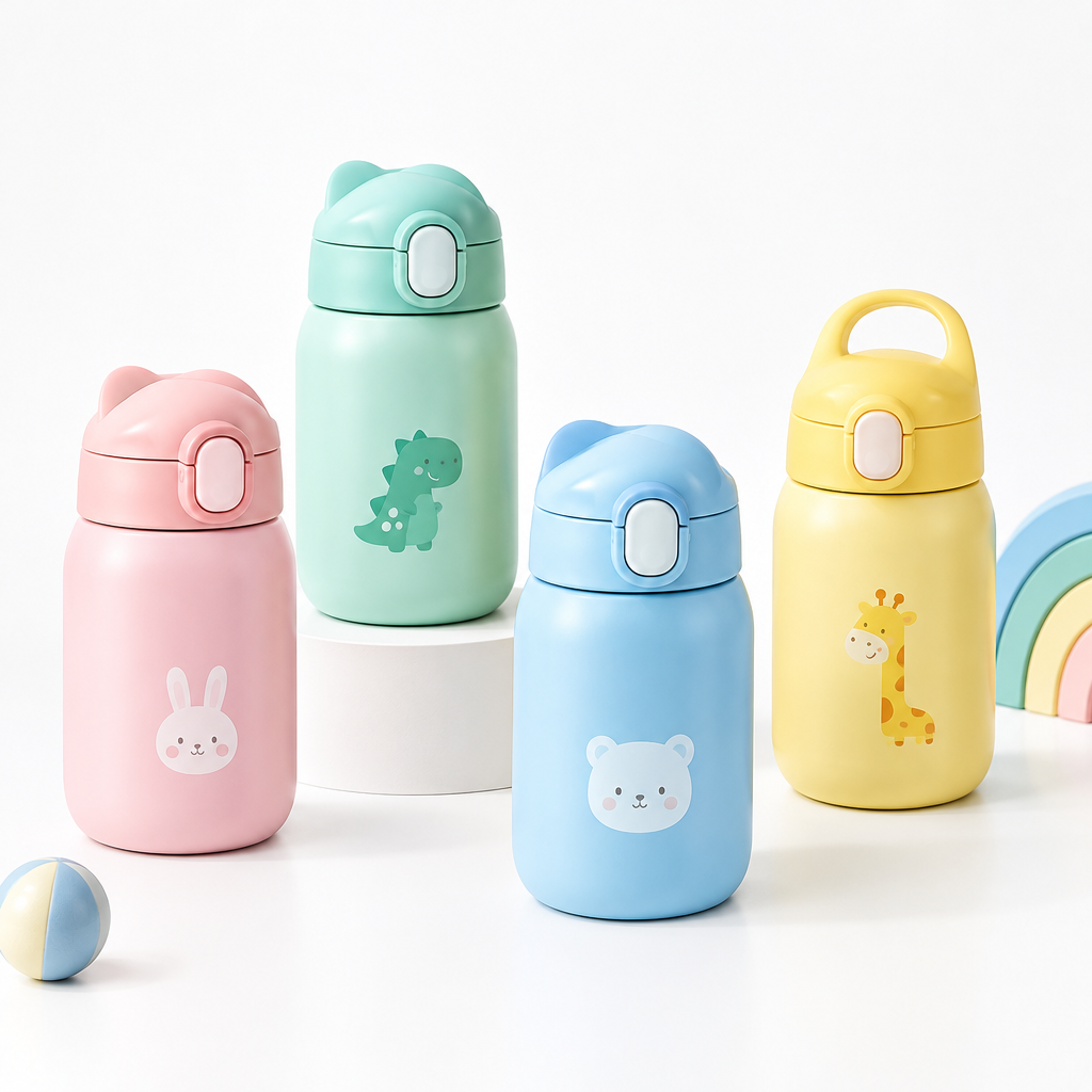 Set of kids cups in pastel tones with ergonomic lids and compact stackable shapes in bright studio lighting