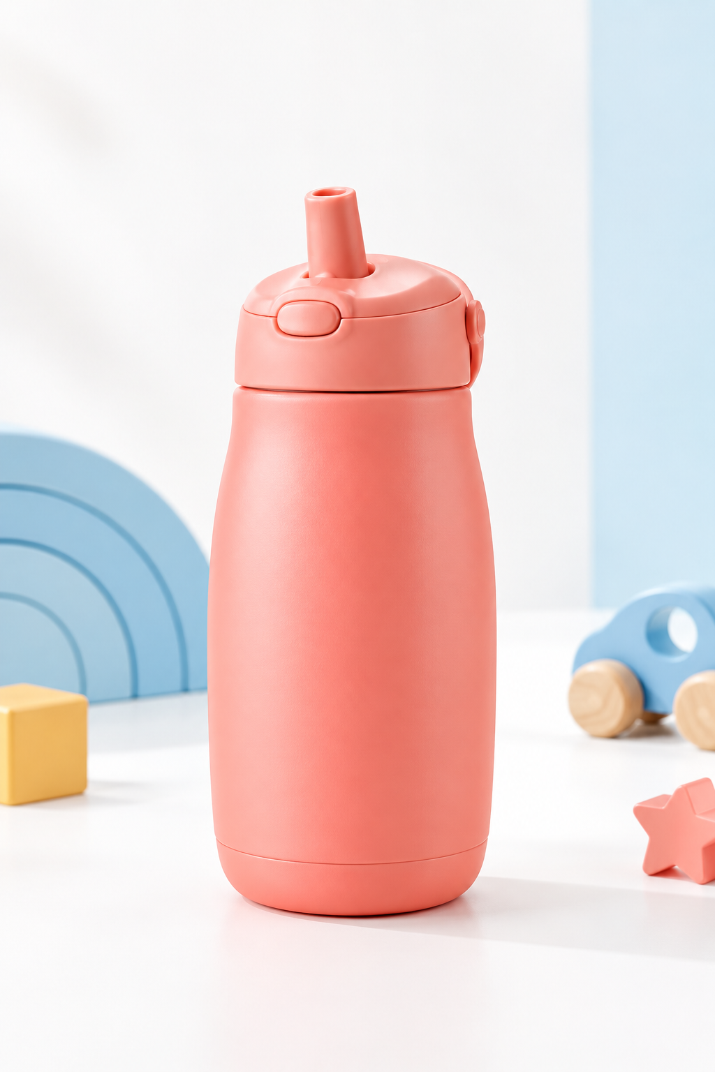Coral-pink insulated kids straw cup with soft rounded body and leak-resistant lid, studio product photo