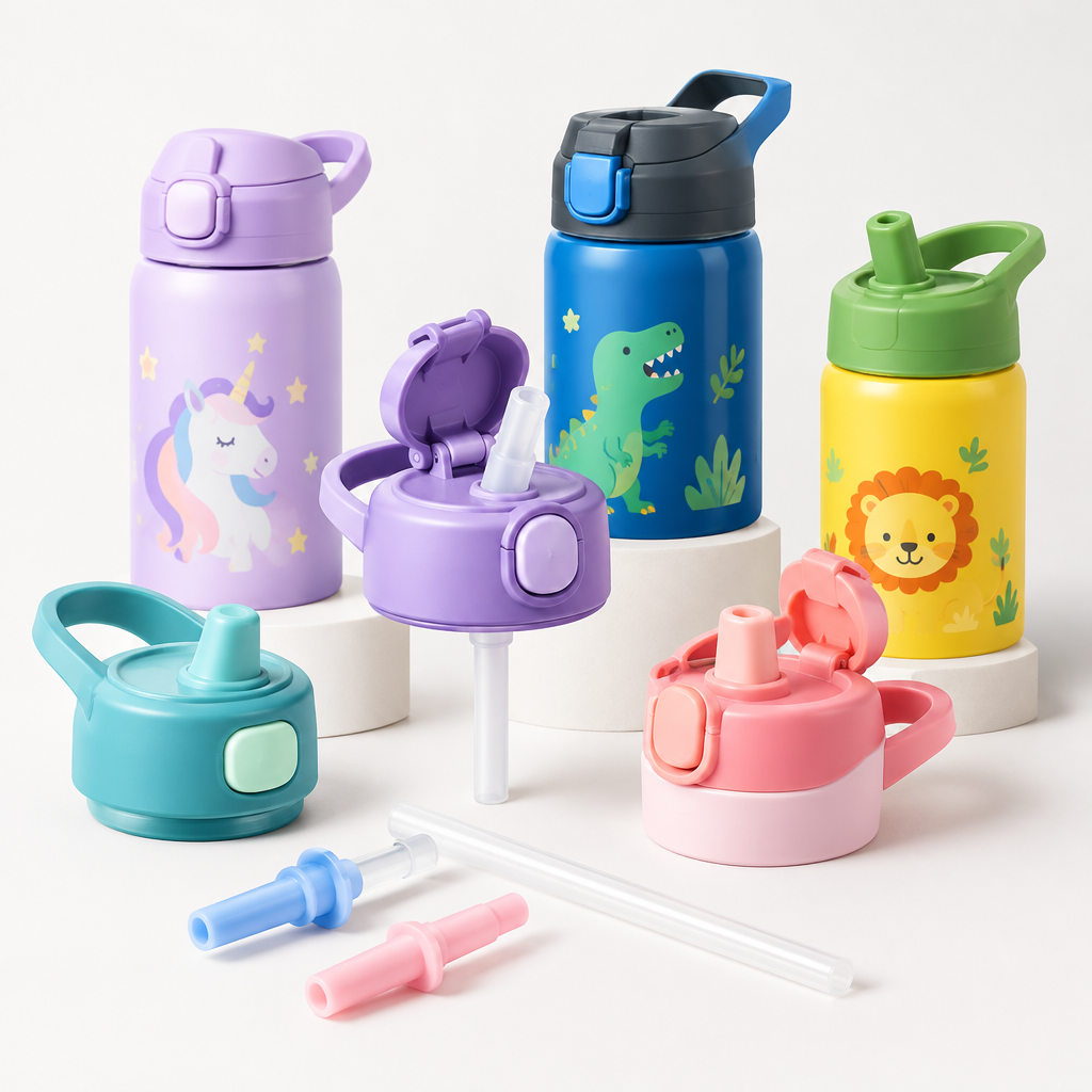 Close-up of reusable straw options for kids drinkware including silicone flip straws and integrated soft spouts