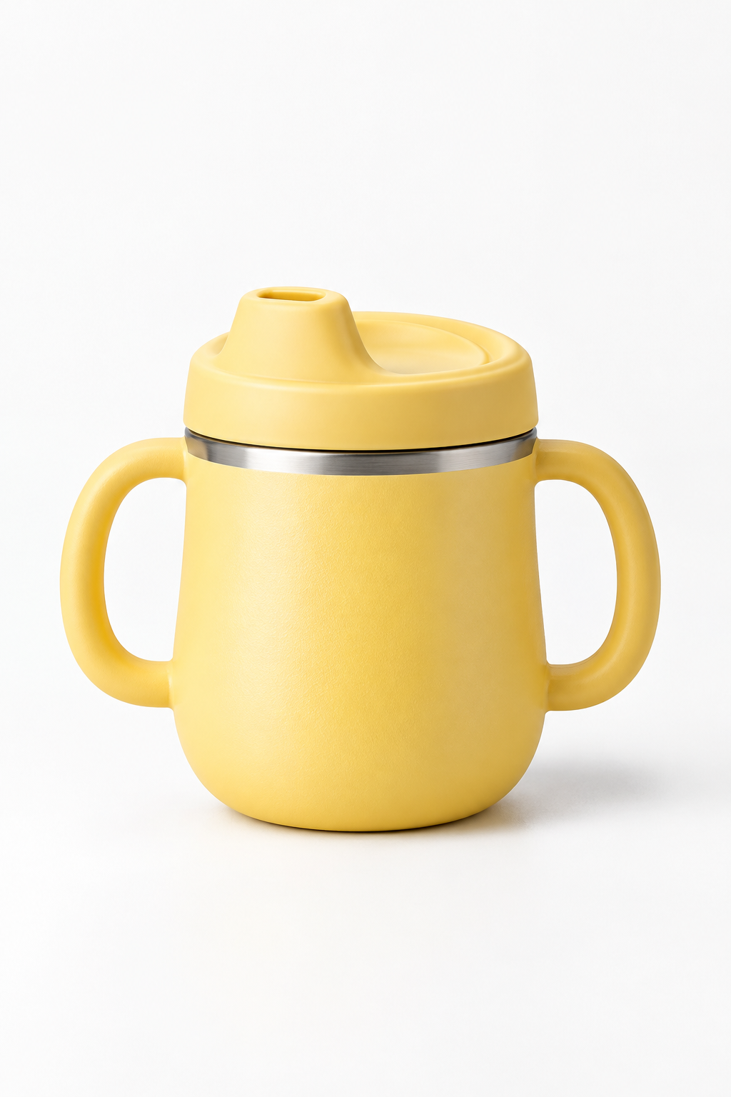 Warm yellow kids tumbler with dual side handles and wide sip lid, clean studio product photo