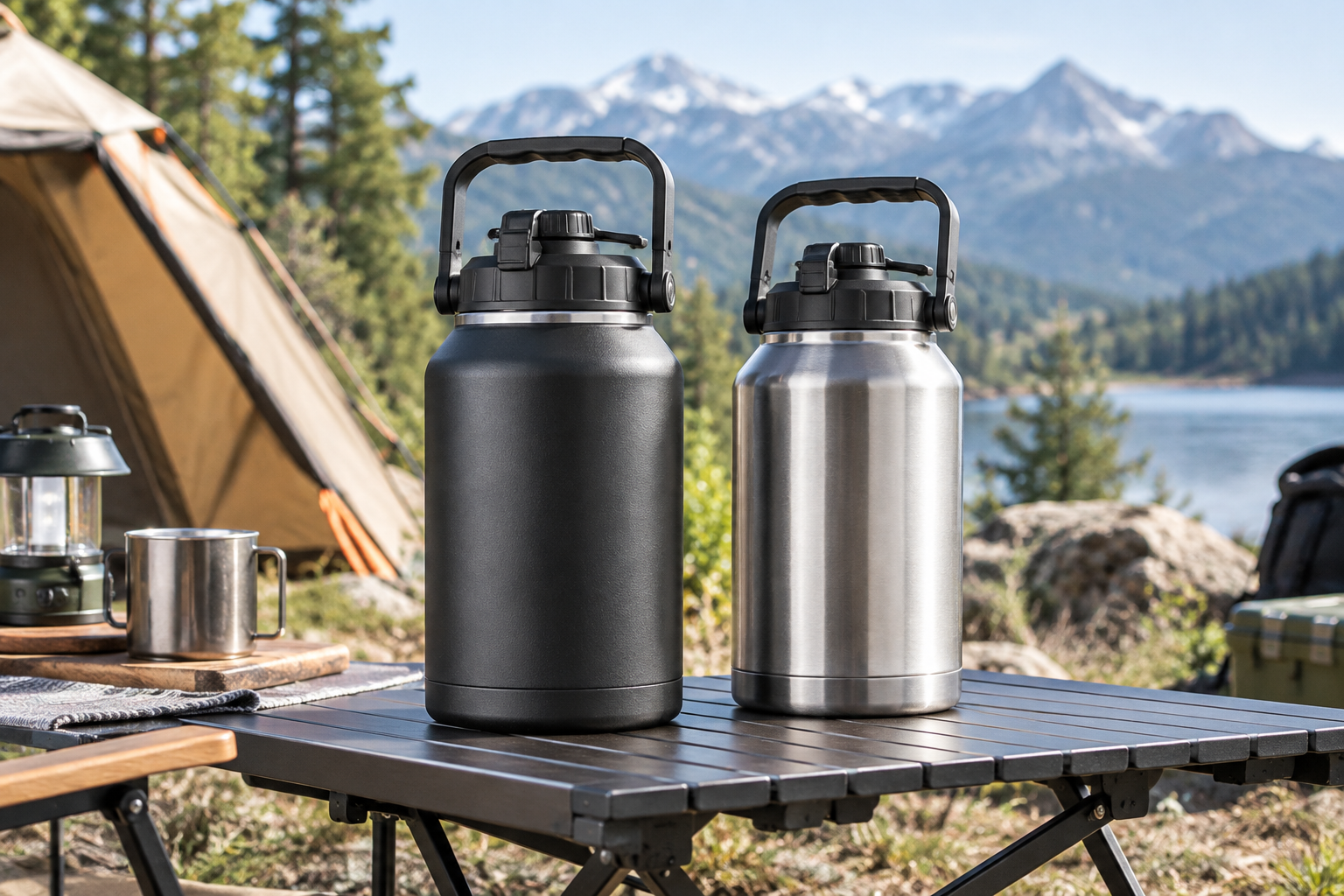 Large-capacity insulated water jugs in rugged dark tones placed at a campsite prep area
