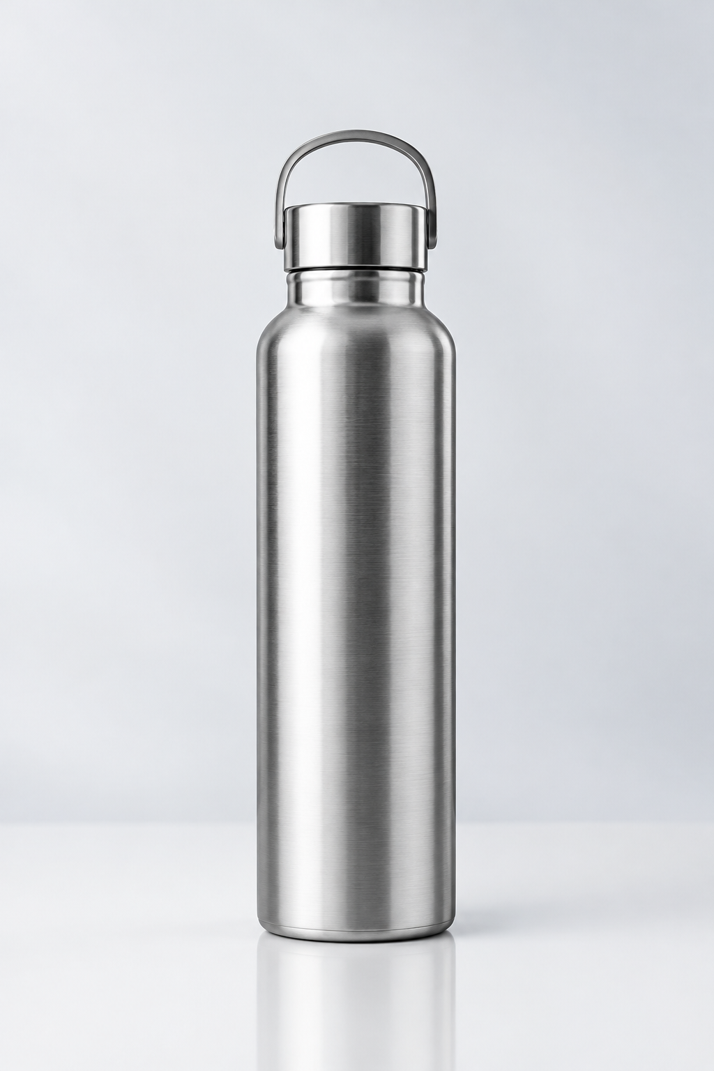 Tall brushed steel outdoor flask with loop lid and slim cylindrical profile